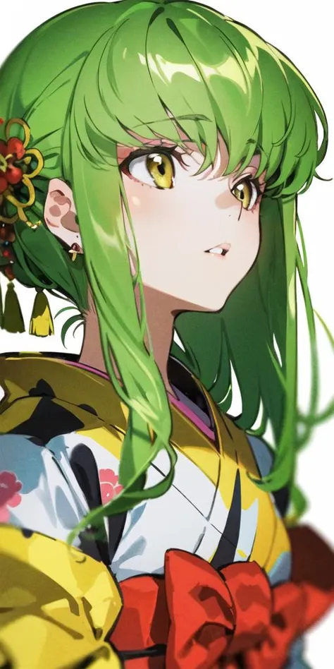 c.c.,1girl, yellow eyes, green hair,long hair,kimono,japanese clothes,floral print,hair ornament, earrings, looking up,simple background, profile, looking away, upper body, white background,parted lips,<lora:cc_locon_v1a:0.5>, <lora:Vivid_Impactful_Style_locon_v4h:0.7>