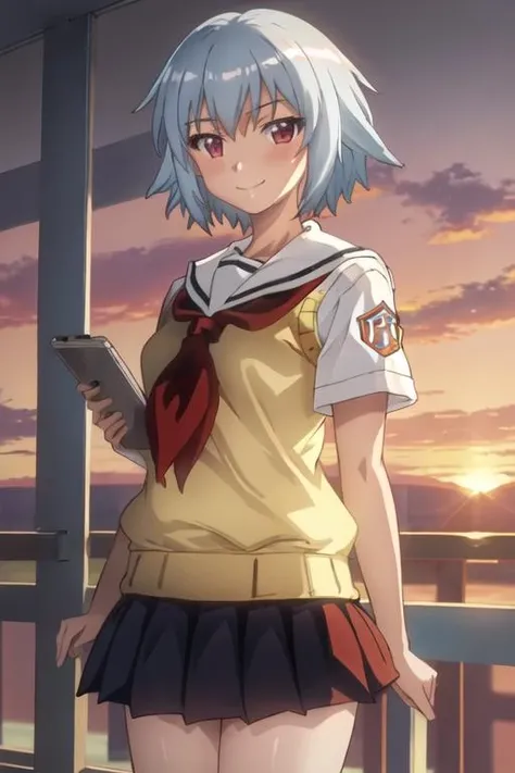 best quality, masterpiece, highres, solo, {yarizui_sen_bento:1.15}, short_hair, red_eyes, serafuku, 1girl, school_uniform, sunset, sweater_vest, smile, blush