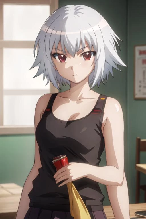 Makima \(Chainsaw Man\), best quality, ultra detailed, 1girl, solo, standing, white hair, short hair, bangs, medium breasts, masterpiece, yandere, casual clothes, upper body, red eyes, good anatomy, (masterpiece), background bar, looking at the viewer, night, inside a bar, young clothes, baggy clothes, teenage clothes, skateboarder's clothes, perfect anatomy, top model body, supermodel body, smiling, red cheeks,
