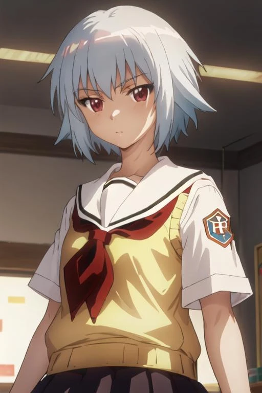 best quality, masterpiece, highres, solo, {yarizui_sen_bento:1.15}, short_hair, red_eyes, serafuku, 1girl, neckerchief, school_uniform, sailor_collar, shirt, sweater_vest, upper_body, short_sleeves, white_shirt