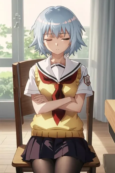 best quality, masterpiece, highres, solo, {yarizui_sen_bento:1.15}, short_hair, red_eyes, serafuku, 1girl, closed_eyes, crossed_arms, school_uniform, sleeping, sweater_vest, blue_hair, chair, sitting