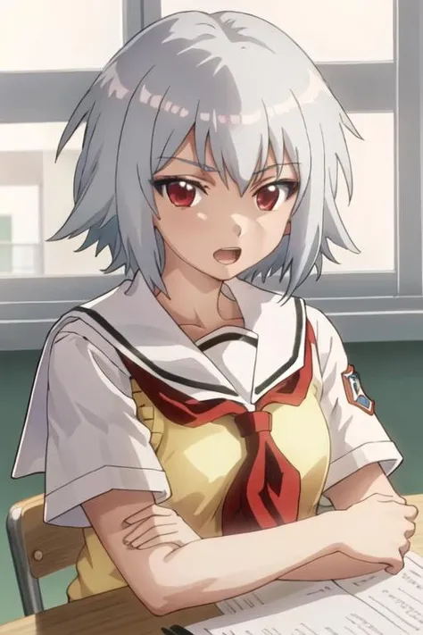 best quality, masterpiece, highres, solo, {yarizui_sen_bento:1.15}, short_hair, red_eyes, serafuku, 1girl, classroom, grey_hair, head_rest, school_uniform, window, indoors, open_mouth, short_sleeves, looking_at_viewer, neckerchief, sweater_vest, upper_body
