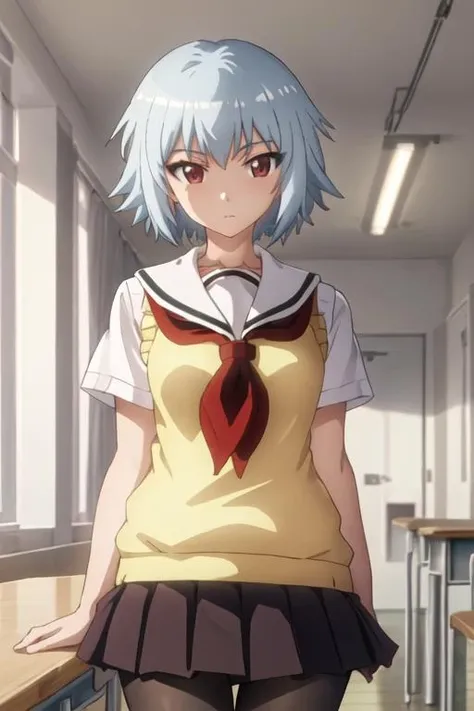 best quality, masterpiece, highres, solo, {yarizui_sen_bento:1.15}, short_hair, red_eyes, serafuku, 1girl, blue_hair, school_uniform, sweater_vest, skirt, pleated_skirt, short_sleeves, pantyhose