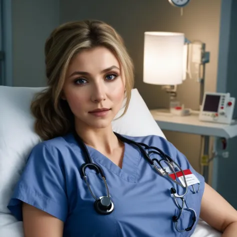 Photo of ERSarahChalke, ((photo real)), high quality, <lora:SarahChalke:0.65>, (24 year old woman in a sexy nurses outfit laying on a hospital bed hugging a pillow), ,  moody lighting,