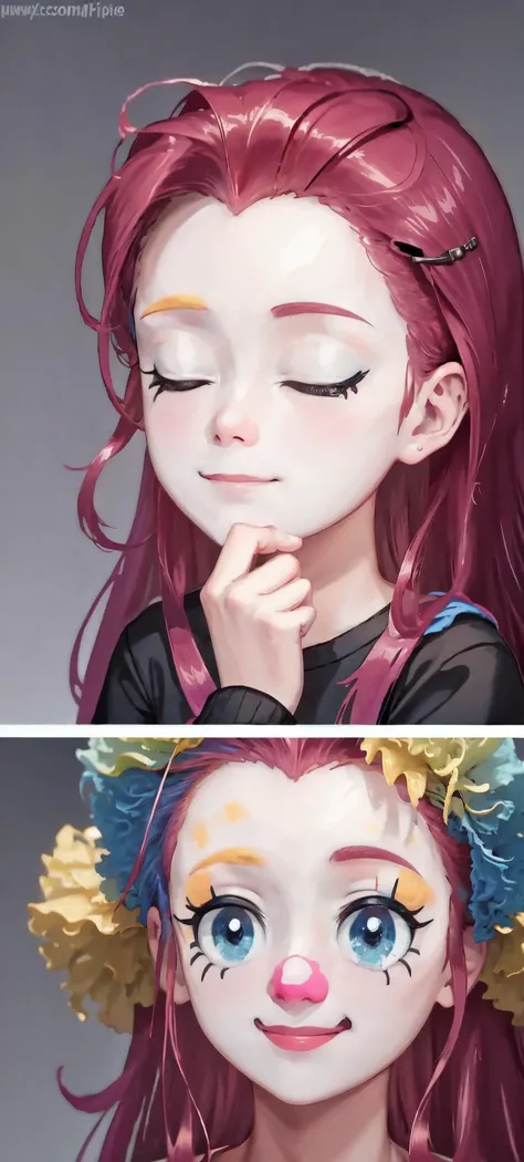 (1girl, one girl), (solo:1.3), (mlppinkiepie:1.3),pale skin, long hair, blue_eyes, (smiling, happy:1.3), (pink curly hair:1.2), BREAK
IncrsClownMakeupMeme, <lora:PuttingOnClownMakeupMeme:1> BREAK
(cute_background, daylight,detailed_background:1.3), BREAK
best quality, masterpiece, detailed background, highly detailed, intricate, detailed face, long eyelashes, detailed eyes, <lora:mlp_pinkiepie:0.8><lora:GoodHands-vanilla:1>