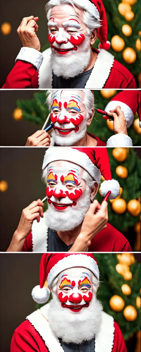 Highly detailed, High Quality, Masterpiece, beautiful, Santa Claus, 1 big old man, 65yo, smiling, happy, IncrsClownMakeupMeme, <lora:PuttingOnClownMakeupMeme:1>, rapi \\(nikke\\), rapidef,