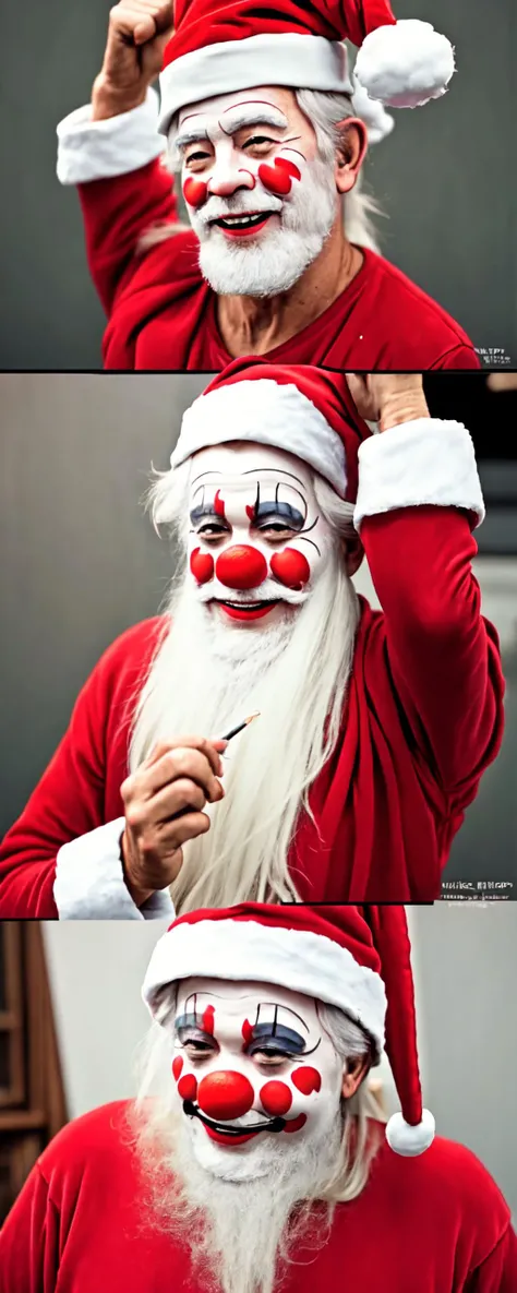 Highly detailed, High Quality, Masterpiece, beautiful, Santa Claus, 1 big old man, 65yo, smiling, happy, IncrsClownMakeupMeme, <lora:PuttingOnClownMakeupMeme:1>, rapi \\(nikke\\), rapidef,