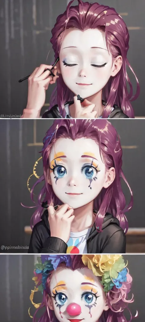 (1girl, one girl), (solo:1.3), (mlppinkiepie:1.3),pale skin, long hair, blue_eyes, (smiling, happy:1.3), (pink curly hair:1.2), BREAK
IncrsClownMakeupMeme, <lora:PuttingOnClownMakeupMeme:1> BREAK
(cute_background, daylight,detailed_background:1.3), BREAK
best quality, masterpiece, detailed background, highly detailed, intricate, detailed face, long eyelashes, detailed eyes, <lora:mlp_pinkiepie:0.8><lora:GoodHands-vanilla:1>