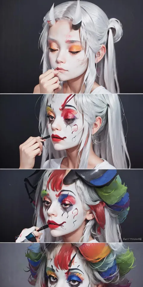 Highly detailed, High Quality, Masterpiece, beautiful, 1girl, IncrsClownMakeupMeme, <lora:PuttingOnClownMakeupMeme:1>, Irelia, <lora:Char_LoL_Irelia:0.8>, rainbow hair,