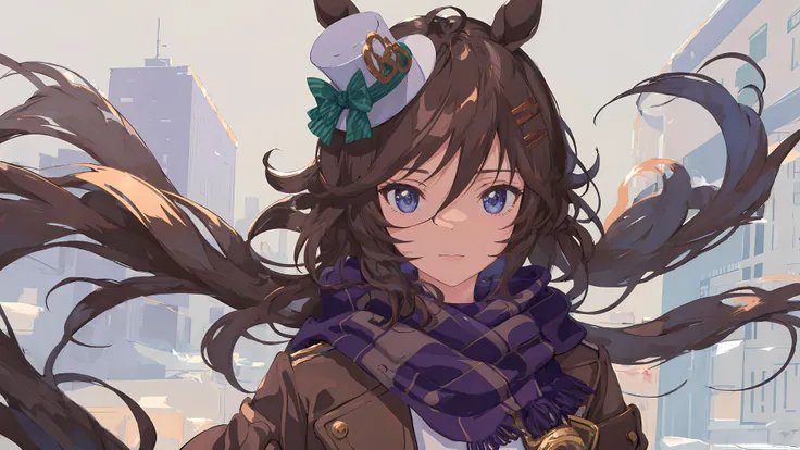best quality,masterpiece,1girl,head,shamare,simple city background,horse girl,hat ornament,purple scarf,cowboy shot,brown jacket, open clothes, floating hair, <lora:ligneClaireStyleCogecha_v10:0.7> <lora:mrCBUmamusume_v10:0.8>