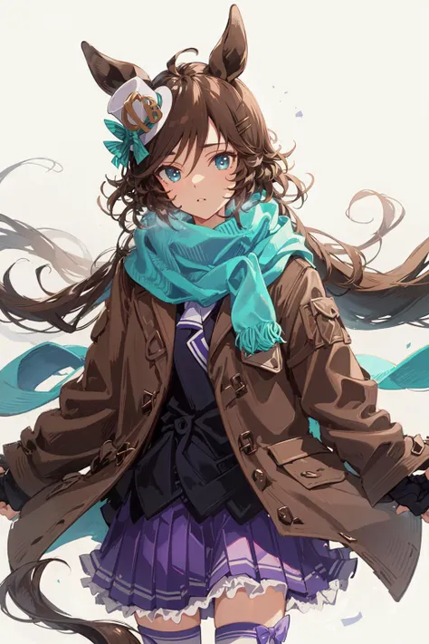 masterpiece, best quality, mr. c.b. \(umamusume\), breath, scarf, purple skirt, purple thighhighs, shirt, long sleeves, tracen school uniform, bow, floating hair, sailor collar, open coat, brown coat, simple city background<lora:mr._c.b._lora:0.9>