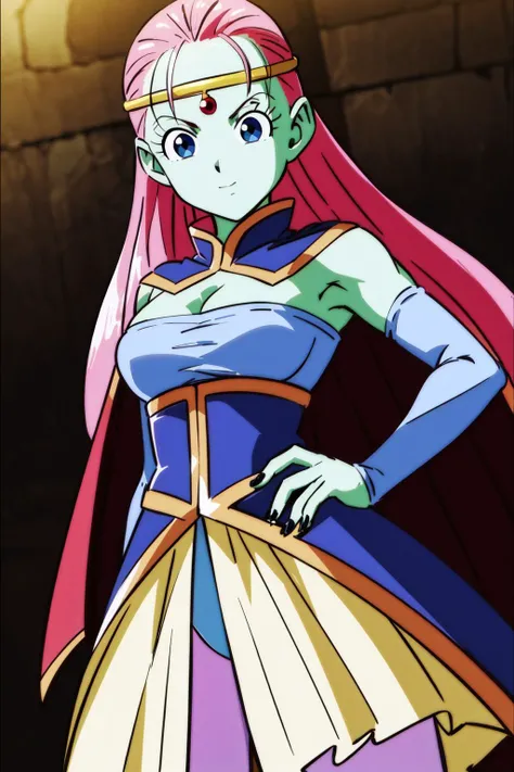 ((masterpiece,best quality)), absurdres,
<lora:Caway_DB:0.7>, Caway_DB, (green skin, long pink hair), cape,
solo, smiling, looking at viewer, cowboy shot,
cinematic composition, dynamic pose,