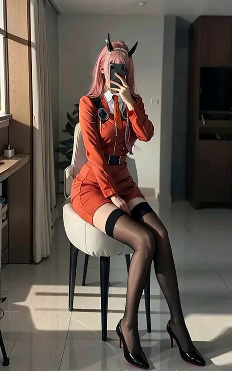 (1girl),(RAW photo, best quality), (realistic, photo-realistic:1.4), masterpiece, extremely delicate and beautiful,Amazing, finely detail, extremely detailed CG unity 8k wallpaper, huge filesize, ultra-detailed, highres, absurdres, soft light,rim light, vibrant details, ((perfect hand:1.2)),((perfect leg:1.2)),(sexy),(1girl in mirror),
blurry background, blurry foreground, depth of field,
Take a selfie with phone in one hand and cover face,
1girl,full body, [standing|on chair|sitting|butterfly sitting], [black stockings|black pantyhose:1.2], iphone, selfie, pose,small hand,
p_m_s,  <lora:PMS_v001_4:0.6>
 <lora:zeroTwoDARLINGInThe_offset:0.9>,(pink hair:1.2), long hair, headwear,red costume,cosplay,zero two \(darling in the franxx\), darling in the franxx, bangs, hairband, horns,long sleeves,red jacket, closed jacket, military uniform, orange ascot,(small red horns:0.6),yellow tie