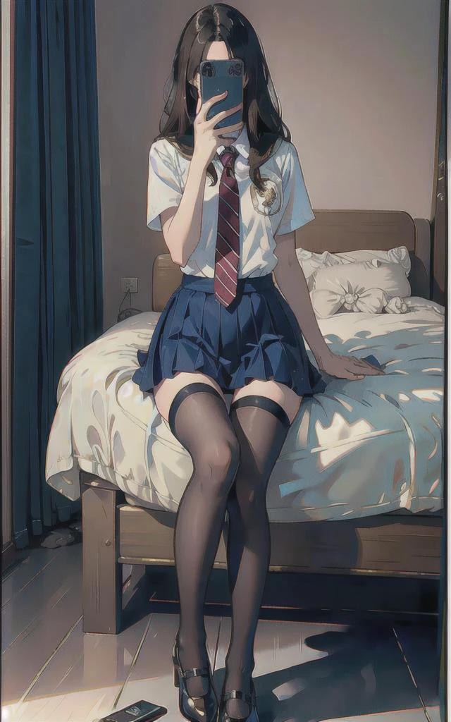 (RAW photo, best quality), (realistic, photo-realistic:1.4),
masterpiece, extremely delicate and beautiful,Amazing, finely detail, extremely detailed CG unity 8k wallpaper, huge filesize, ultra-detailed, highres, absurdres, soft light,rim light, vibrant details,
((perfect hand:1.2)), 
Take a selfie with phone in one hand and cover face,
1girl, slim legs, thin legs, long legs, 
[standing|on chair|sitting|butterfly sitting],
[stockings|pantyhose|thighhighs|kneehighs], school uniform,
iphone, selfie, pose,small hand,
p_m_s, <lora:PMS_v001:0.6>