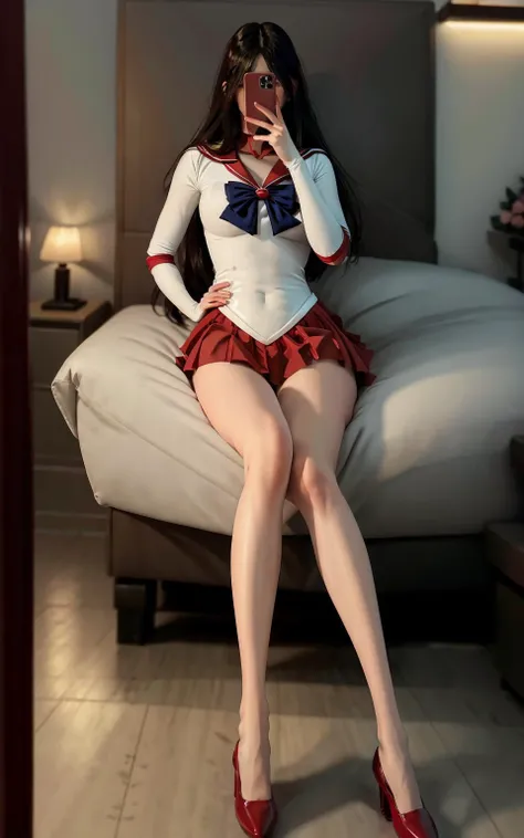 (RAW photo, best quality), (realistic, photo-realistic:1.4), masterpiece, extremely delicate and beautiful,Amazing, finely detail, extremely detailed CG unity 8k wallpaper, huge filesize, ultra-detailed, highres, absurdres, soft light,rim light, vibrant details, ((perfect hand:1.2)),((perfect leg:1.2)),
blurry background, blurry foreground, depth of field,
Take a selfie with phone in one hand and cover face,
1girl,solo,full body, ((sexy)),
[standing|on chair|sitting|butterfly sitting|lazy sofa|on floor],
[stockings|pantyhose],
iphone, selfie, pose,small hand,
SMMars,  sailor senshi uniform, red sailor collar, red skirt, elbow gloves, <lora:SailorMarsLORA-000026:0.9>,
p_m_s,  <lora:PMS_v001_4:0.7>