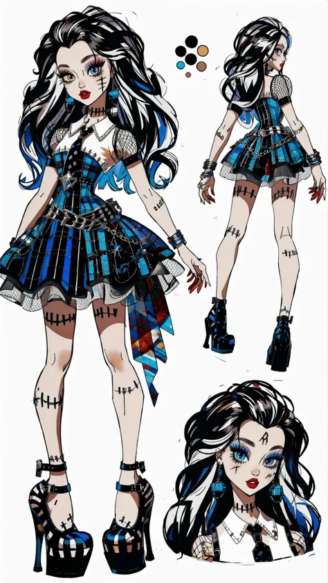 masterpiece, best quality, extremely detailed, BREAK, <lora:Frankie_MH:0.8> frankie MH, heterochromia, long hair, high heels, pale skin, screws, (scars, stitched:1.10), <lora:more_details:0.2> BREAK, <lora:CharacterDesign_Concept-10:0.8> (CharacterSheet:1.15), (multiple views, full body, upper body, reference sheet:1.15)