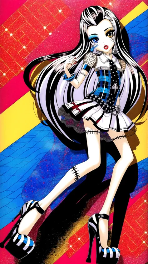 <lora:Frankie_MH:0.8> frankie MH, heterochromia, long hair, high heels, pale skin, screws, (scars, stitched:1.10), <lora:more_details:0.2> BREAK, masterpiece, best quality, extremely detailed