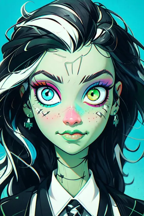 (frankie_MH:1.0), (heterochromia, blue left eye, green right eye, green skin, long hair:1.2), (black hair with white highlights, half up hair, straight hair:1.2), blue and red plaid schoolgirl outfit, Frankenstein neck bolts, blue and green background, (realistic:1.2), (masterpiece:1.2), (full-body-shot:1.2),(Cowboy-shot:1.2), neon lighting, dark romantic lighting, (highly detailed:1.2),(detailed face:1.2), (gradients), colorful, detailed eyes, (detailed landscape:1.2), (natural lighting:1.2),(detailed background), detailed landscape, (cute pose:1.2), solo, close up, <lora:Frankie_MH:0.8> <lora:add_detail:0.15> <lora:hipoly3DModelLora_v10:0.05> <lora:RSERomantic_RSESofiko_RSEEmma-v1:0.1> <lora:BeautifulEyes:0.65> <lyco:coloredSkin-08:0.3>
