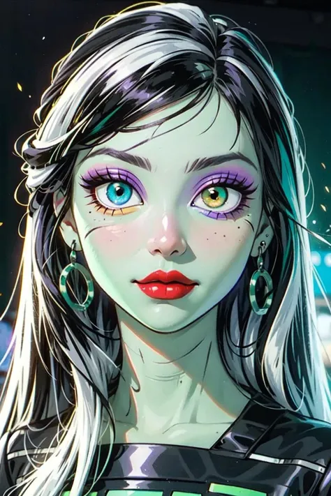 (frankie_MH:1.0),  (heterochromia, blue left eye, green right eye, green skin, long hair, purple eye shadow, red lips:1.2), (black hair with white highlights, straight hair:1.2), plaid schoolgirl dress, Frankenstein neck bolts, (realistic:1.2), (masterpiece:1.2), (full-body-shot:1.2),(Cowboy-shot:1.2), neon lighting, dark romantic lighting, (highly detailed:1.2),(detailed face:1.2), (gradients), colorful, detailed eyes, (detailed landscape:1.2), (natural lighting:1.2),(detailed background), detailed landscape, (cute pose:1.2), solo, <lora:Frankie_MH:0.6> <lora:add_detail:0.15> <lora:hipoly3DModelLora_v10:0.05>  <lora:RSERomantic_RSESofiko_RSEEmma-v1:0.1> <lora:BeautifulEyes:0.65> <lyco:coloredSkin-08:0.3>