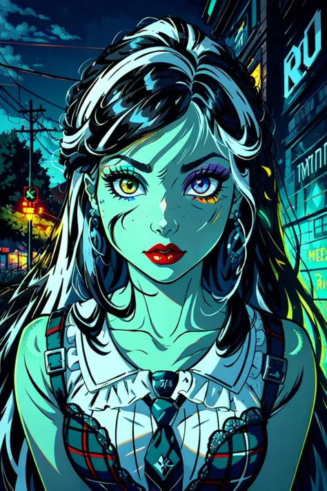 (frankie_MH:1.0),  (heterochromia, blue left eye, green right eye, green skin, long hair, purple eye shadow, red lips:1.2), (black hair with white highlights, straight hair:1.2), plaid schoolgirl dress, Frankenstein neck bolts, (realistic:1.2), (masterpiece:1.2), (full-body-shot:1.2),(Cowboy-shot:1.2), neon lighting, dark romantic lighting, (highly detailed:1.2),(detailed face:1.2), (gradients), colorful, detailed eyes, (detailed landscape:1.2), (natural lighting:1.2),(detailed background), detailed landscape, (cute pose:1.2), solo, <lora:Frankie_MH:0.6> <lora:add_detail:0.15> <lora:hipoly3DModelLora_v10:0.05>  <lora:RSERomantic_RSESofiko_RSEEmma-v1:0.1> <lora:BeautifulEyes:0.65> <lyco:coloredSkin-08:0.3>