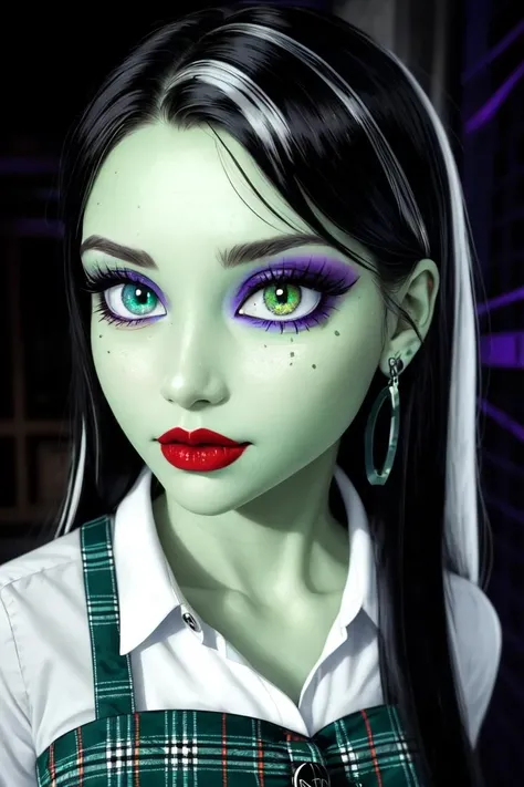 (frankie_MH:1.0), (heterochromia, blue left eye, green right eye, green skin, long hair, purple eye shadow, red lips:1.2), (black hair with white highlights, straight hair:1.2), plaid schoolgirl dress, Frankenstein neck bolts, (realistic:1.2), (masterpiece:1.2), (full-body-shot:1.2),(Cowboy-shot:1.2), neon lighting, dark romantic lighting, (highly detailed:1.2),(detailed face:1.2), (gradients), colorful, detailed eyes, (detailed landscape:1.2), (natural lighting:1.2),(detailed background), detailed landscape, (cute pose:1.2), solo, <lora:Frankie_MH:0.6> <lora:add_detail:0.15> <lora:hipoly3DModelLora_v10:0.05> <lora:RSERomantic_RSESofiko_RSEEmma-v1:0.1> <lora:BeautifulEyes:0.65> <lyco:coloredSkin-08:0.3>