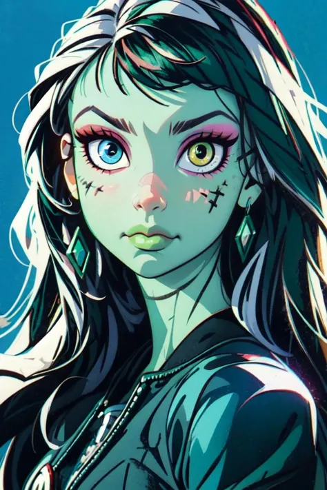 (frankie_MH:1.0),  (heterochromia, blue left eye, green right eye, green skin, long hair:1.2), (black hair with white highlights, half up hair, straight hair:1.2), blue and red plaid schoolgirl outfit, Frankenstein neck bolts, blue and green background, (realistic:1.2), (masterpiece:1.2), (full-body-shot:1.2),(Cowboy-shot:1.2), neon lighting, dark romantic lighting, (highly detailed:1.2),(detailed face:1.2), (gradients), colorful, detailed eyes, (detailed landscape:1.2), (natural lighting:1.2),(detailed background), detailed landscape, (cute pose:1.2), solo, close up, <lora:Frankie_MH:0.8> <lora:add_detail:0.15> <lora:hipoly3DModelLora_v10:0.05>  <lora:RSERomantic_RSESofiko_RSEEmma-v1:0.1> <lora:BeautifulEyes:0.65> <lyco:coloredSkin-08:0.3>