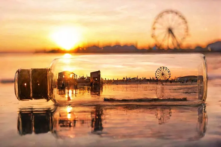 f-b-c, sharp foreground: a bottle on a beach, blurry background: a ferris wheel next to a setting sun, effect: the bottle encapsulate the background, <lora:Foreground-Background_concepts-000003:0.8>