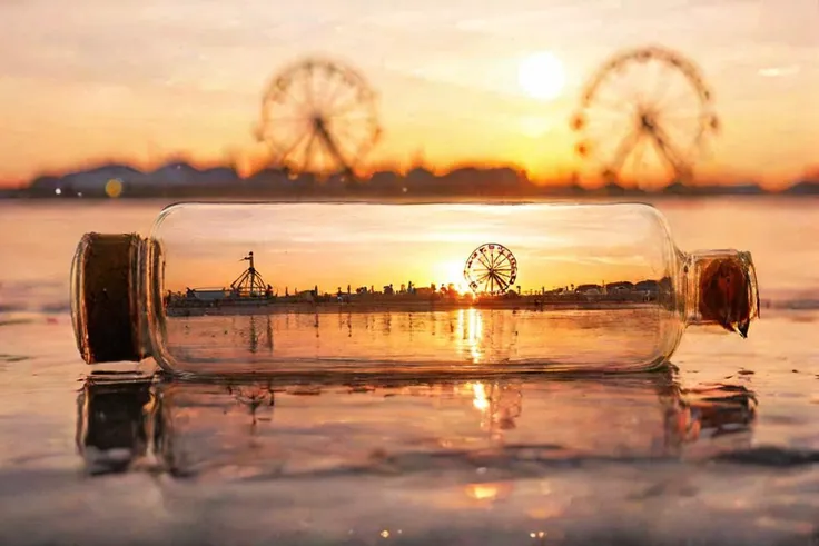 f-b-c, sharp foreground: a bottle on a beach, blurry background: a ferris wheel next to a setting sun, effect: the bottle encapsulate the background, <lora:Foreground-Background_concepts-000003:0.8>