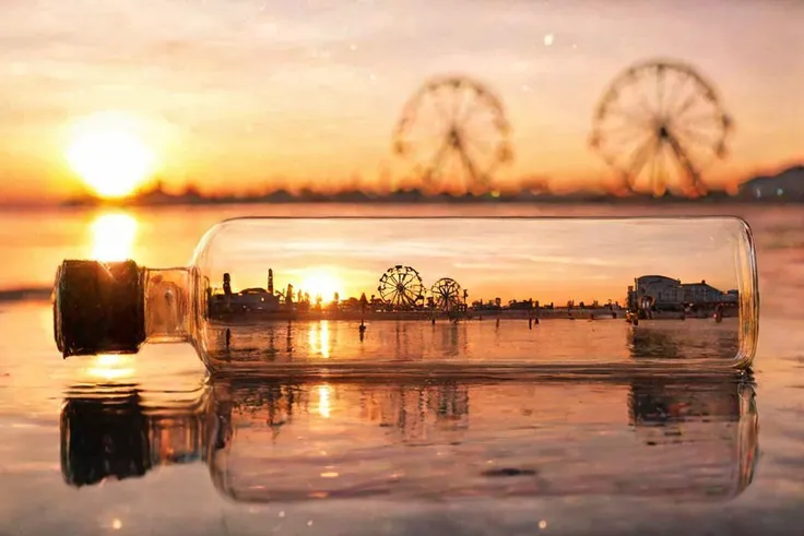 f-b-c, sharp foreground: a bottle on a beach, blurry background: a ferris wheel next to a setting sun, effect: the bottle encapsulate the background, <lora:Foreground-Background_concepts-000003:0.8>