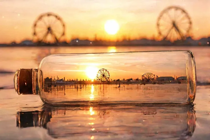 f-b-c, sharp foreground: a bottle on a beach, blurry background: a ferris wheel next to a setting sun, effect: the bottle encapsulate the background, <lora:Foreground-Background_concepts-000003:0.8>