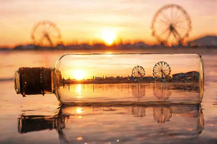 f-b-c, sharp foreground: a bottle on a beach, blurry background: a ferris wheel next to a setting sun, effect: the bottle encapsulate the background, <lora:Foreground-Background_concepts-000003:0.8>