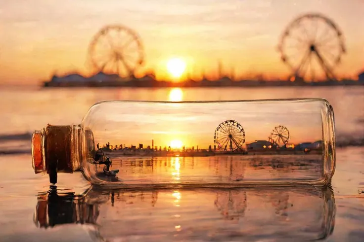 f-b-c, sharp foreground: a bottle on a beach, blurry background: a ferris wheel next to a setting sun, effect: the bottle encapsulate the background, <lora:Foreground-Background_concepts-000003:0.8>