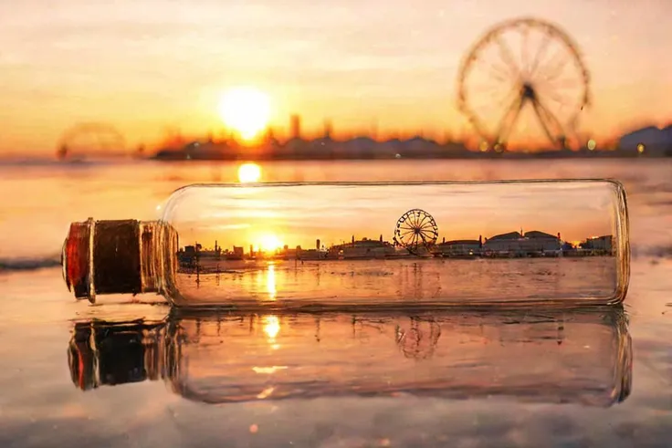 f-b-c, sharp foreground: a bottle on a beach, blurry background: a ferris wheel next to a setting sun, effect: the bottle encapsulate the background, <lora:Foreground-Background_concepts-000003:0.8>