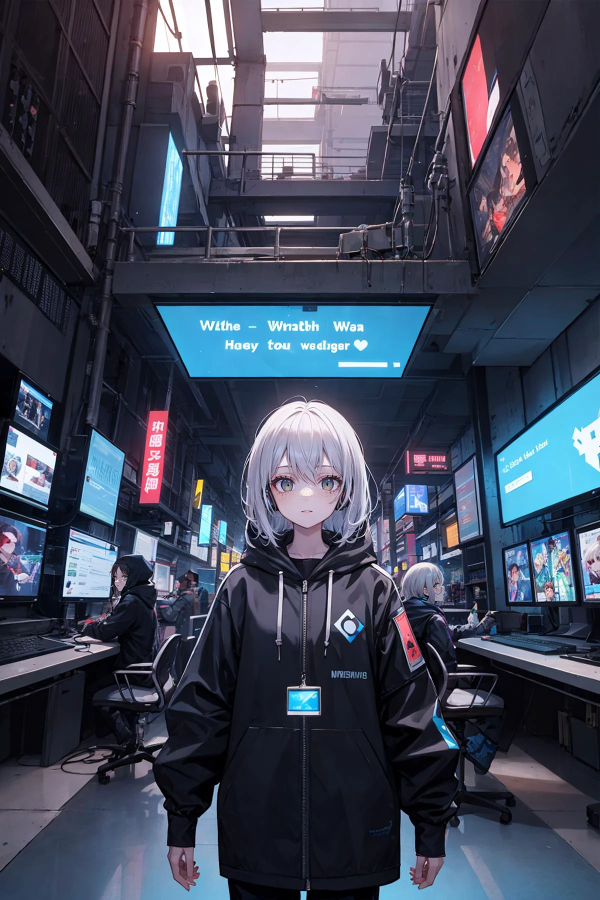 best quality, amazing intricate,
1 girl, adult welsh woman, freckles, amber eyes, gray sleek hair,,
green,
blue,
looking at viewer, solo, (full body:0.6), detailed background, detailed face, (1980s synthwave theme:1.1) evil high-tech futuristic hacker, advanced technology, hoodie, techwear, wearable device, keycard, blue (holographic display:1.05), unauthorized, encoded text, computer, artificial intelligence, screens in background, stealth, dark sinister atmosphere, ,
silver,
textured hair,
ukrainian,
tribal aztec