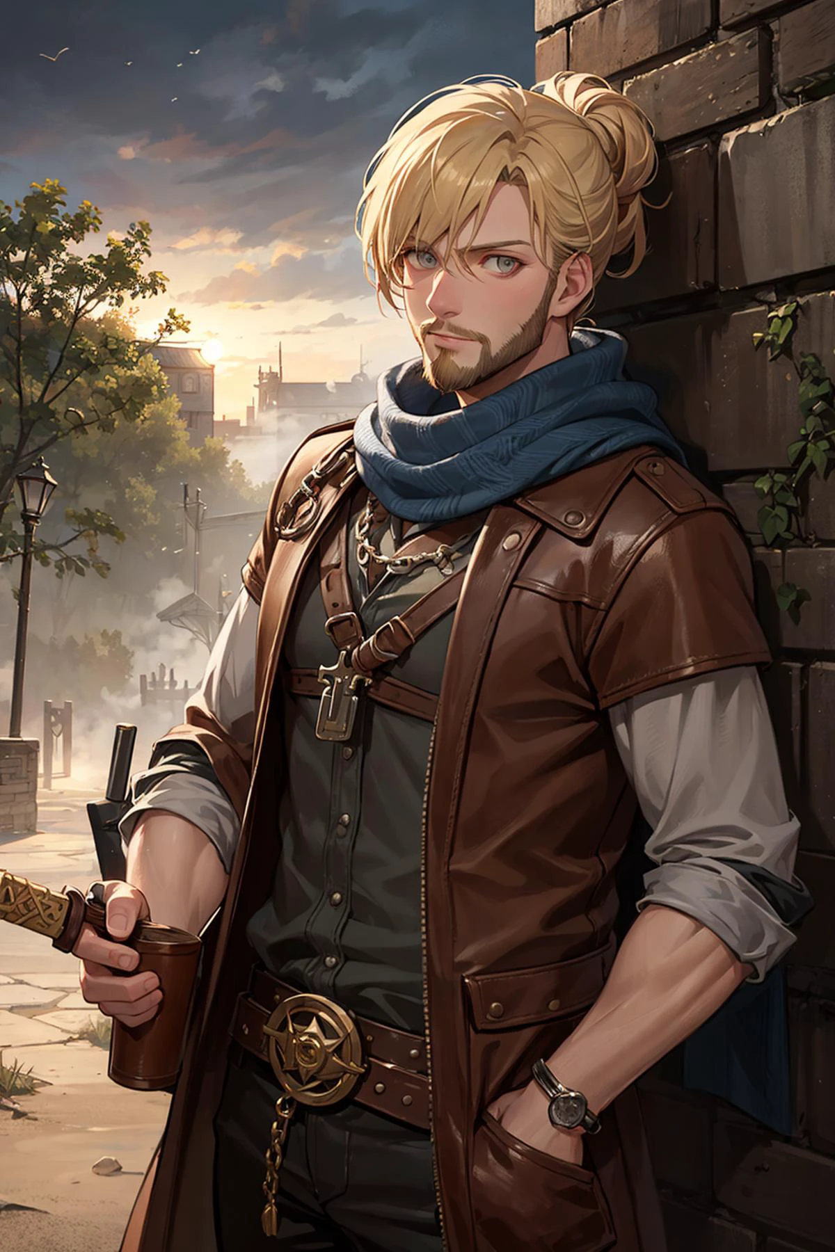 best quality, amazing intricate,
(1man, muscular adult male:1.2), silver eyes, auburn hair, fade with beard,,
orange,
grey-blue,
portrait, looking at viewer, solo, half shot, detailed background, detailed face, (<lora:CeltPunkAI:0.5>, CeltPunkAI, tribal barbarian celtic theme:1.1), face covered by scarf, renegade, thieves guild, hand in pocket, rugged dark leather clothes, belts, lockpick, knives, high fantasy medieval setting, dark port pier background, stealth, undercover, illegal, suspicious, secret, stolen goods, (barrels in background:0.8), secret passage, low light, shadows, fog, dark atmosphere,,
natural blonde,
updo hairstyle,
european,
madmax