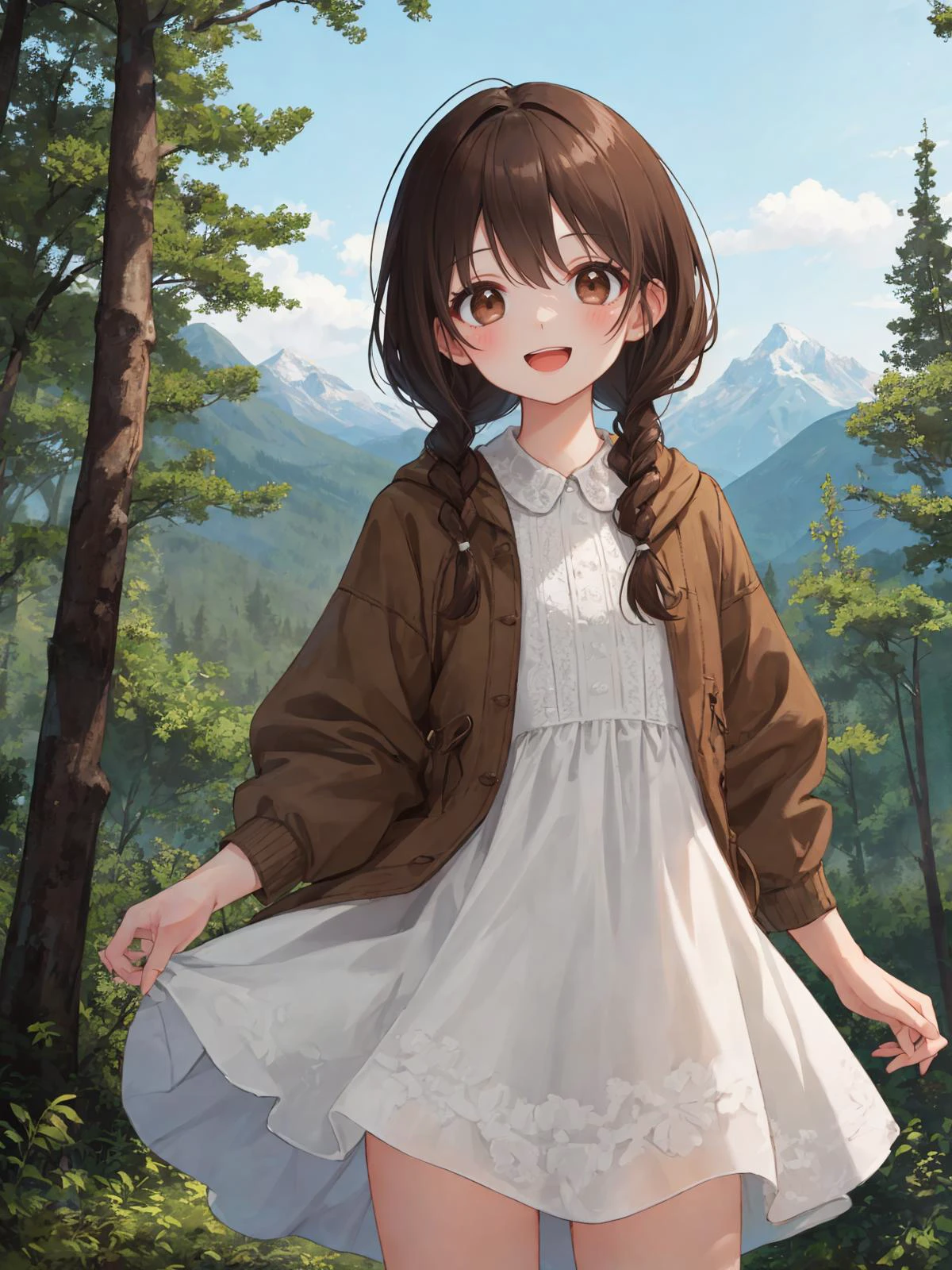 best quality, amazing intricate, cute girl, dark brown eyes, happy, :d, small breasts,
dark brown hair, twin braids, white dress,
from front, cowboy shot, standing,
in the forest, mountain in the distance, sky