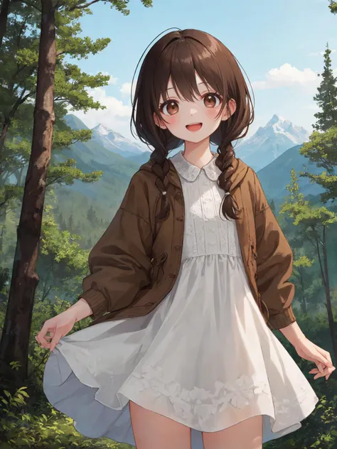 best quality, amazing intricate, cute girl, dark brown eyes, happy, :d, small breasts, 
dark brown hair, twin braids, white dress, 
from front, cowboy shot, standing, 
in the forest, mountain in the distance, sky