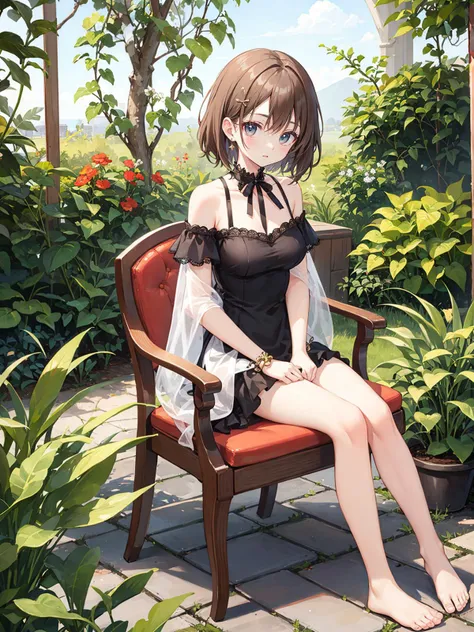 medium breasts, knees together feet apart, sitting on chair, off-shoulder dress, garden