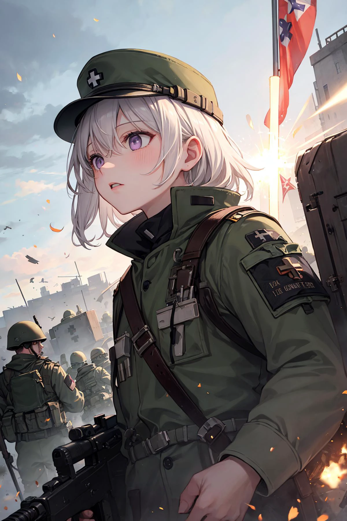 best quality, amazing intricate,
(1man, masculine adult male:1.2), purple eyes, white hair, scissor cut,,
brown,
grey-blue,
portrait, solo, half shot, looking up, detailed background, detailed face, (<lyco:SteamPunkBundleV3:0.5>, AetherpunkAI theme:1.1), battlefield-medic, field-surgeon, focused, green military medic uniform, army helmet, straps, green cross, flag, toruniquet, morphine, dirt , war torn battlefield with explosions in background, floating particles, dust, gunfire, flares, epic atmosphere,,
auburn,
shag hair,
irish,
<lora:ChronomancyAI:0.5>, ChronomancyAI, chronomancy