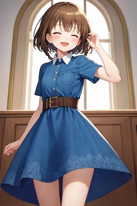 best quality, amazing intricate, cute girl, round eyes, small breast, 
closed eyes and smile, :d, light brown hair, looking over her shoulder, in a museum, 
(looking away:1.2), 
medium hair, bob cut, 
, 
(low twin braids:1.1), 
(hair flip:1.2), 
(wavy hair:1.2), 
, 
, 
from front, 
cowboy shot, 
blue dress, (denim dress, collared dress:1.2),