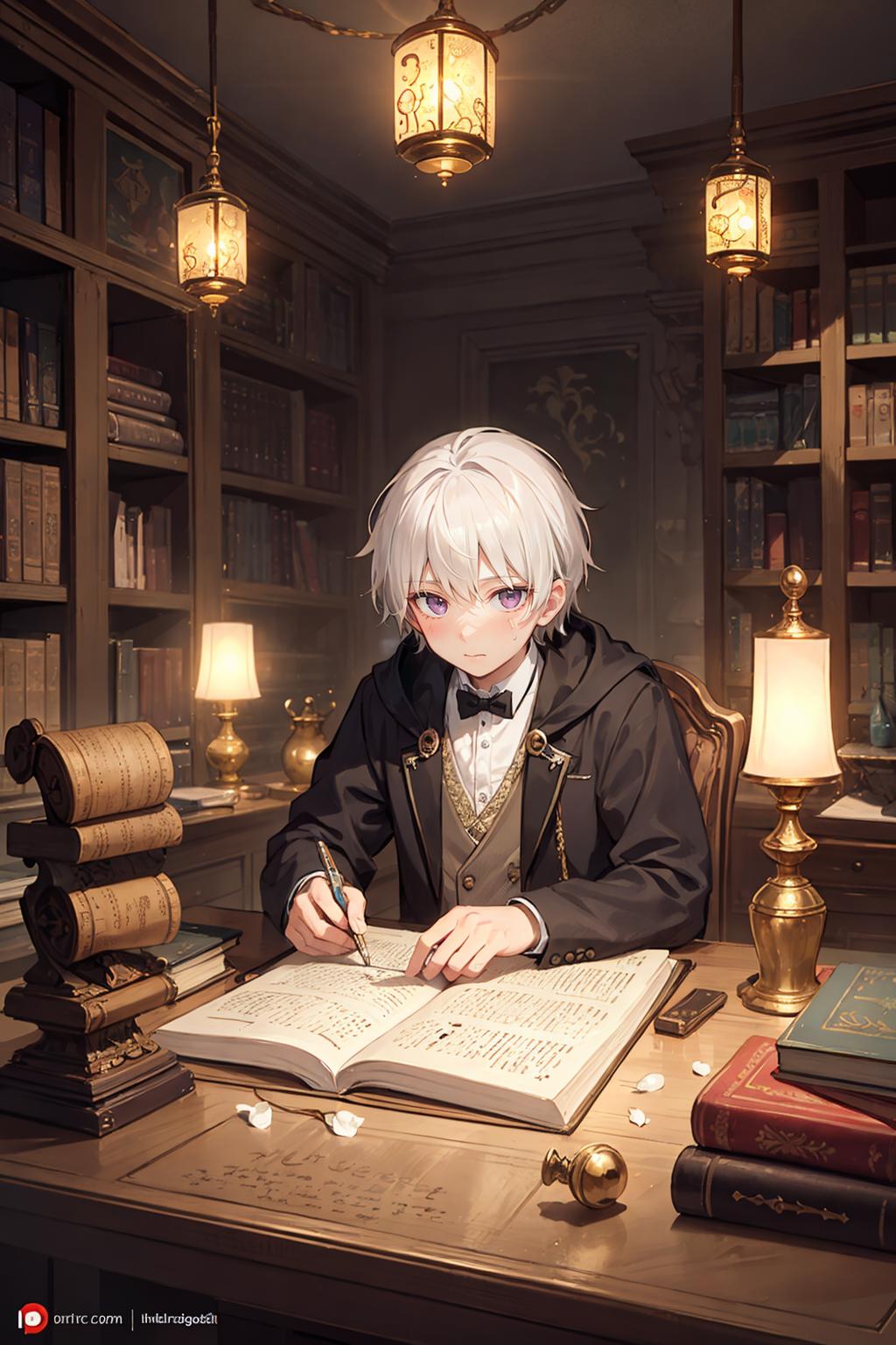 Anime character sitting at a desk with a book and lamp - SeaArt AI