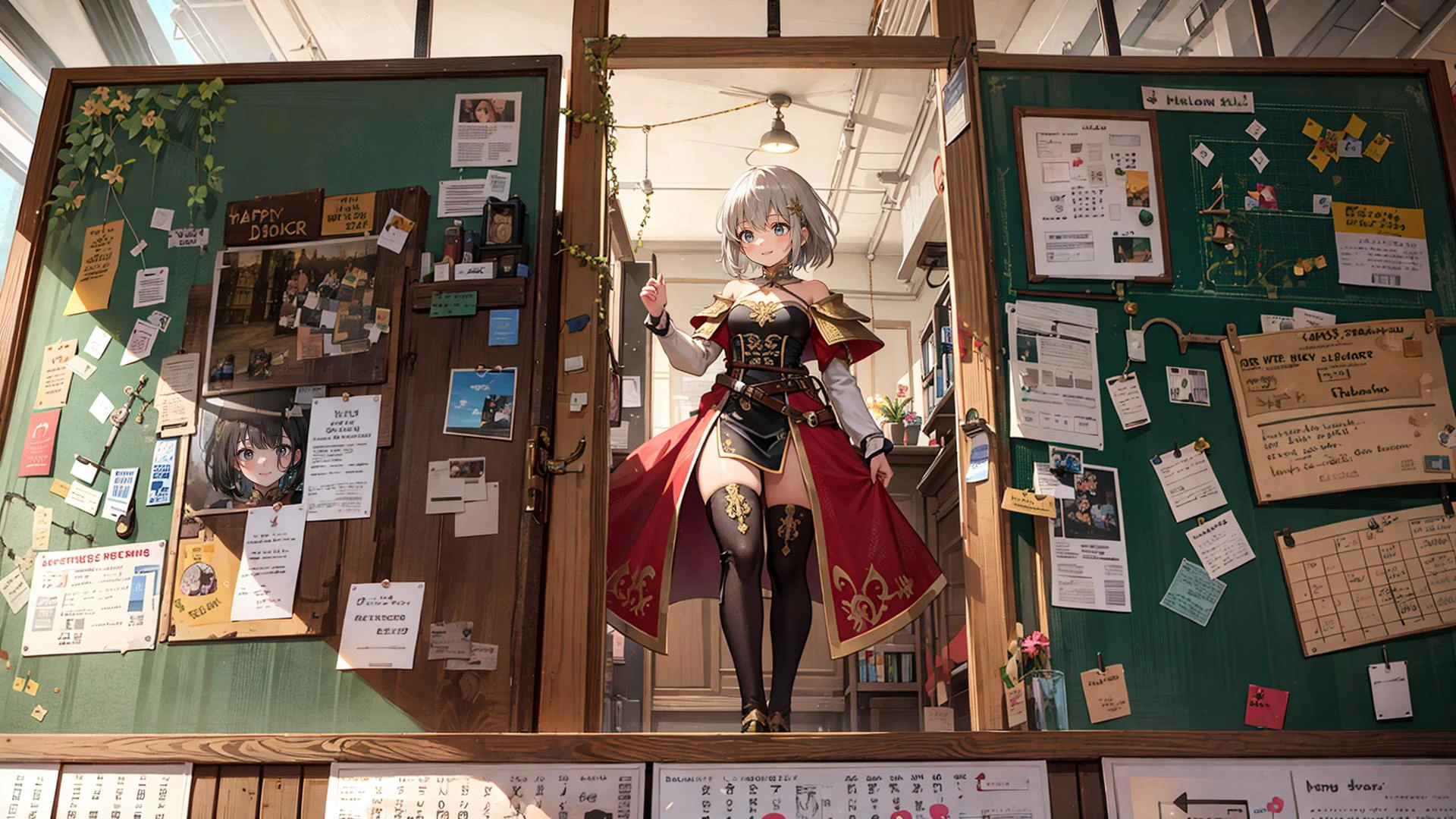 (Medieval European Fantasy:1.2), best quality, amazing intricate, adventurer girl, solo, (looking away:1.3), happy, smile,
(Warrior:1.2),
Tan, medium breasts,
blight gray hair,
medium hair, bob cut,
(hair intakes:1.2),
front ponytail,
,
(messy hair:1.2),
,
mohawk,
from front, full body, from below,
walking, daytime,
(Adventurers' Guild bulletin board, Pondering while looking at the board up close:1.2)