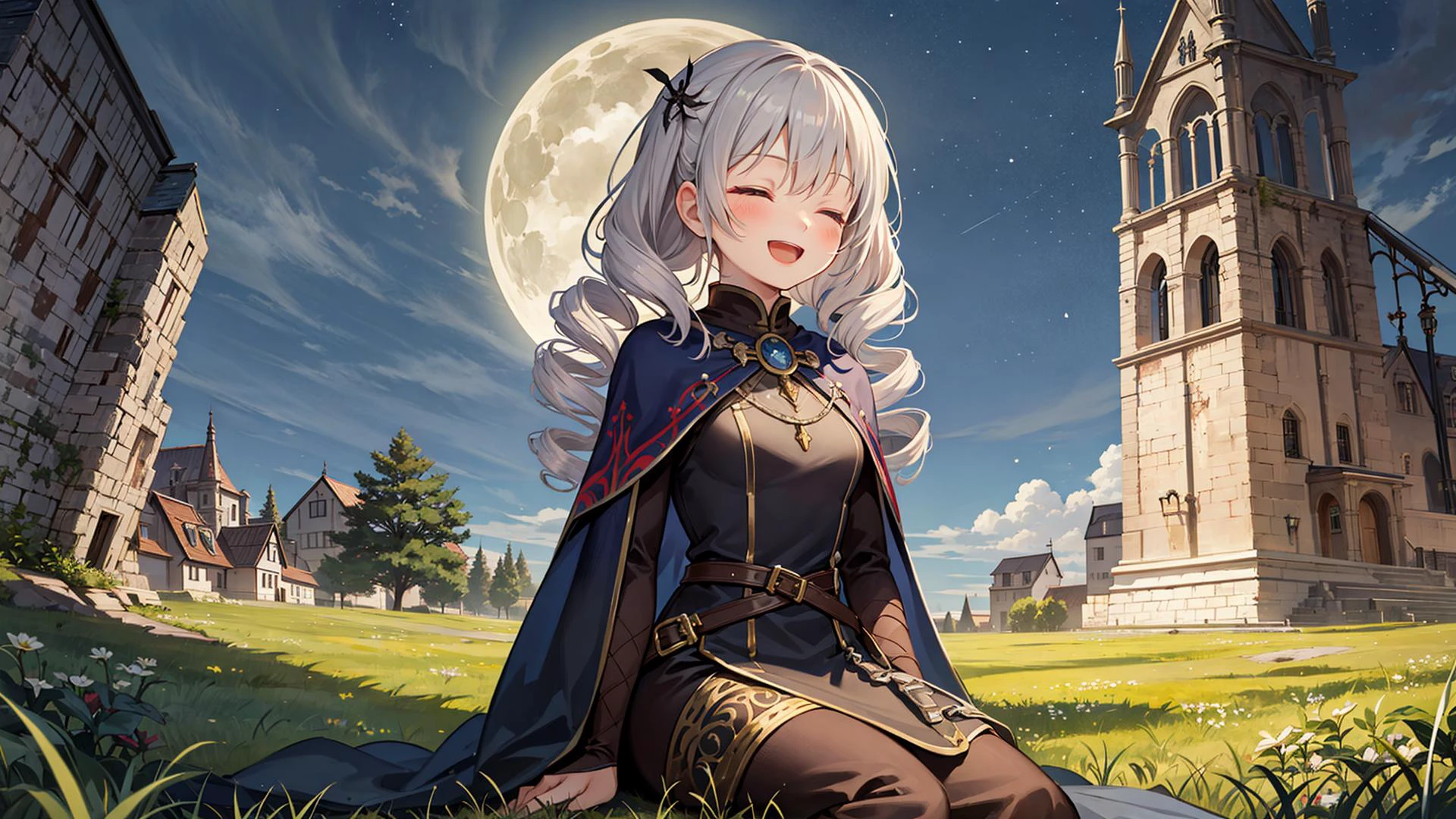 (Medieval European Fantasy:1.2), best quality, amazing intricate, adventurer girl, solo, (looking away:1.3), closed eyes and smile, :d,
(Wizard:1.2),
Tan, small breasts,
gray hair,
medium hair, flipped hair,
(widow's peak:1.2),
,
,
(twin drills:1.2),
,
comb over,
from side, portrait, ,
sitting, (night:1.2),
(grassland exterminating monsters, Peryton:1.2)