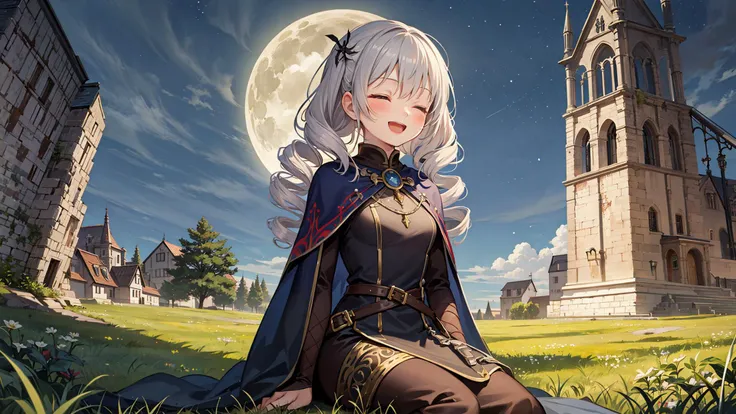 (Medieval European Fantasy:1.2), best quality, amazing intricate, adventurer girl, solo, (looking away:1.3), closed eyes and smile, :d, 
(Wizard:1.2), 
Tan, small breasts, 
 gray hair, 
medium hair, flipped hair, 
(widow's peak:1.2), 
, 
, 
(twin drills:1.2), 
, 
comb over, 
from side, portrait, , 
sitting, (night:1.2), 
(grassland exterminating monsters, Peryton:1.2)