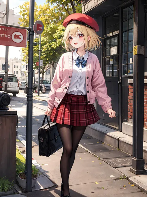 high quality, detailed, girl, round eyes, :d, facing another, facing away, looking at viewer, blond hair, medium hair, pink cardigan
BREAK
dark red skirt, dark red beret, plaid, black legwear, full body, flexing