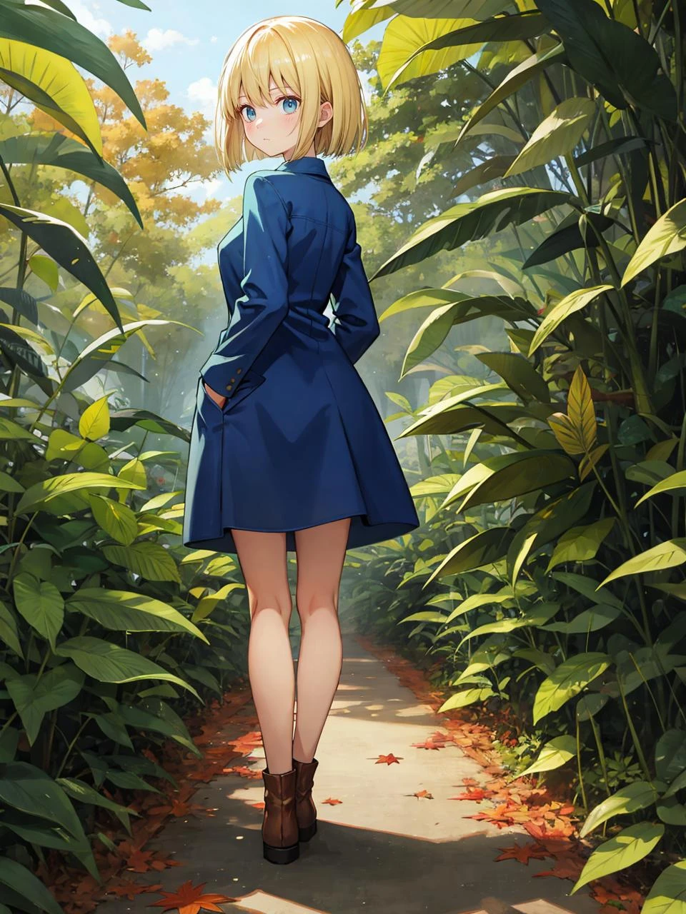 best quality, amazing intricate, cute girl, round eyes, medium breast,
sullen, blonde hair, standing with hands in her pockets, in a jungle,
(looking away:1.2),
medium hair, bob cut,
,
,
,
,
,
,
from behind, (looking back:1.2),
portrait,
blue dress,
hobble dress,
,
autumn