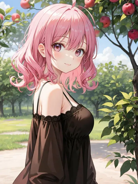 best quality, amazing intricate, cute girl, round eyes, medium breast, 
(closed mouth and smile:1.2), pink hair, making eye contact, in an orchard, 
looking at viewer, 
medium hair, flipped hair, 
, 
, 
, 
(curly hair:1.2), 
, 
ahoge, 
from side, 
upper body, 
brown dress, 
negligee, 
,