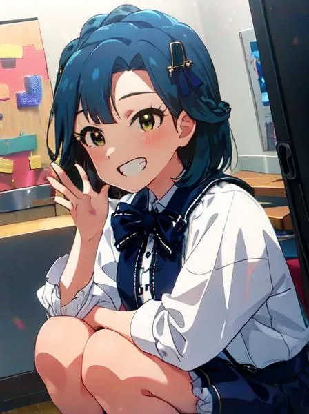 super fine illustration, highly detailed face and eyes, masterpiece, best quality, high resolution, <lora:theIdolmSTERMillionLive_v21:1>
YURIKO NANAO,
yellow eyes, blue hair, smile, short hair, 1girl, blush, solo, looking at viewer, open mouth, braid, bow, :d, bangs, hair ornament,frills, ribbon, solo
1girl, solo, white pantyhose, shy, squatting cowgirl position, hand on another's leg, selfie, cellphone, evil grin, holding phone<lora:beautifulDetailedEyes_v10:0.6> <lora:envybetterhandsLocon_beta2:1> <lora:frontFacingCameraSelfie_ffcSelfieV1:1>