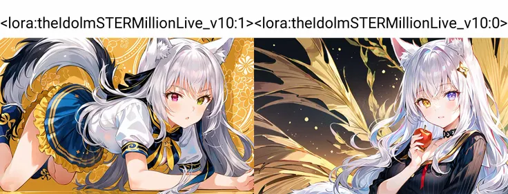multicolored background, ,masterpiece,1girl,solo,apple, all_fours,underground,sailor dress, (gray-white hair), (large wavy curls), (wolf ears), (cute), (wolf tail)(heterochromia_golden_red:1.3),(golden eye:1.1),(red eye:1.1),(alluring), (mystical), (enchanting), (magical),small breasts,
<lora:theIdolmSTERMillionLive_v10:1>