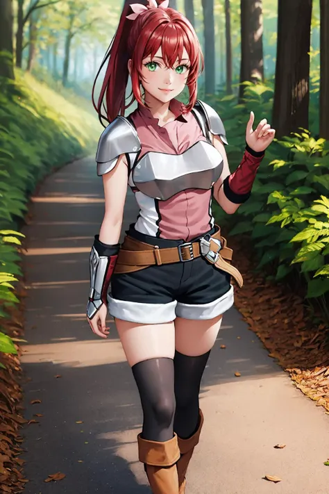 masterpiece, best quality, <lora:dmalise-nvwls-v1-000009:0.9> alise, long ponytail, sleeveless shirt, armor, shoulder armor, black shorts, belt, clothes around waist, black thighhighs, gauntlets, large breasts, smile, arms at sides, walking, boots, forest path, looking at viewer